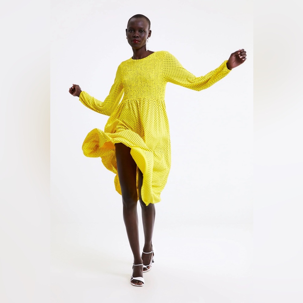 Zara Dress Womens Medium‎ Yellow Black Polka Dot Smocked Long Sleeve Flowy Midi